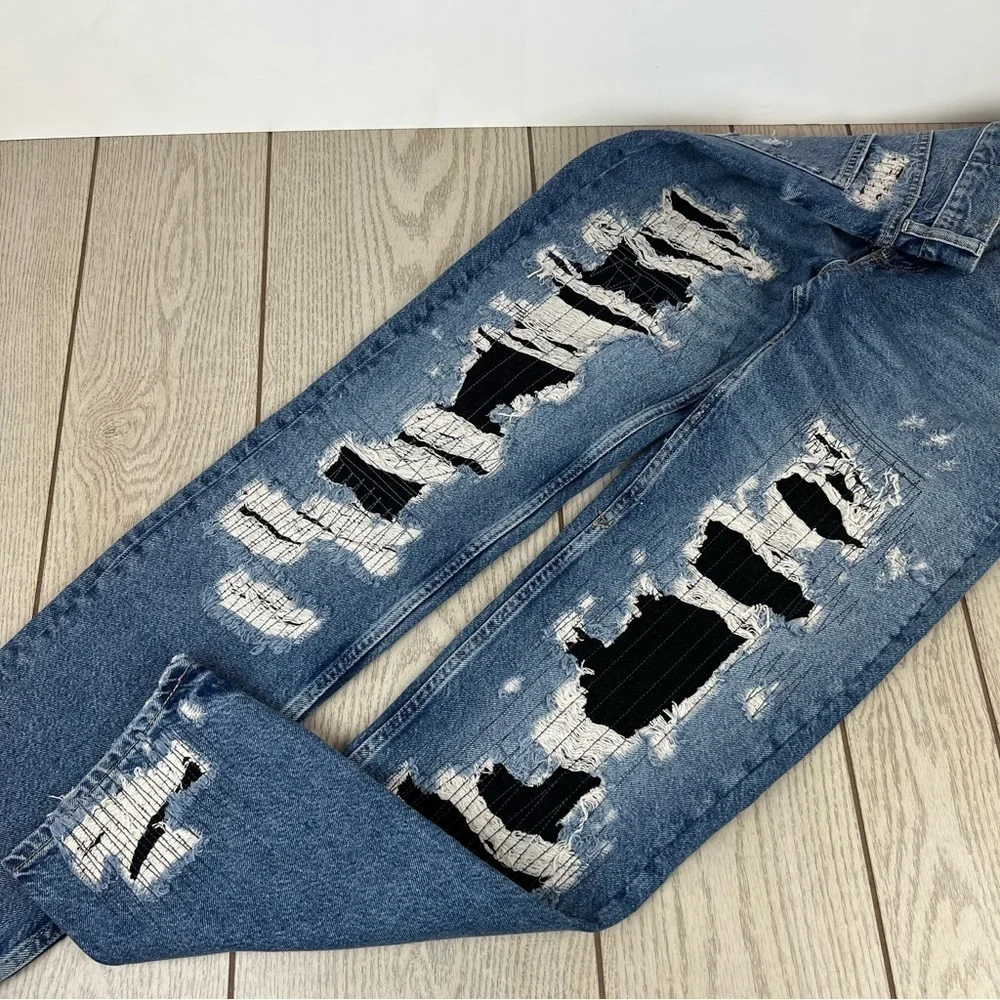 Free People McCoy Destroyed Patch Straight Leg Jeans 26 Tattered Blue $148